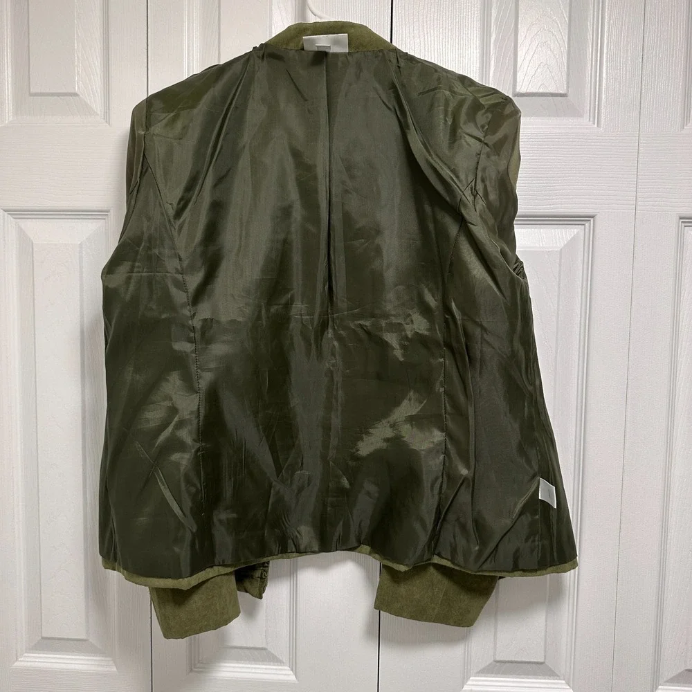 Dressbarn Women Olive Green Soft Suede Jacket Full Zip Front Lined Ruffles